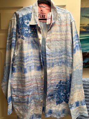 Tommy Bahama Blue and White Palm-Print Linen Shirt